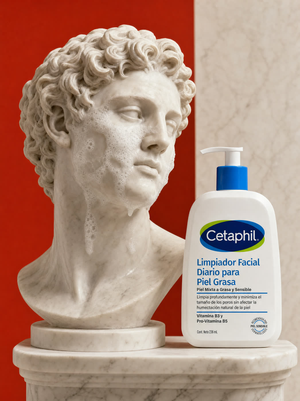 Marble sculpture next to the Limpiador Facial Diario 236 ml packaging